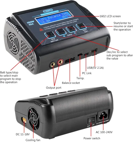 Vista 4 de Cargador de batería LiPo, cargador de batería RC de equilibrio rápido de 150W 10A Descargador para baterías LiPo/Li-ion/Life/LiHV de 1S-6S, 1-15S