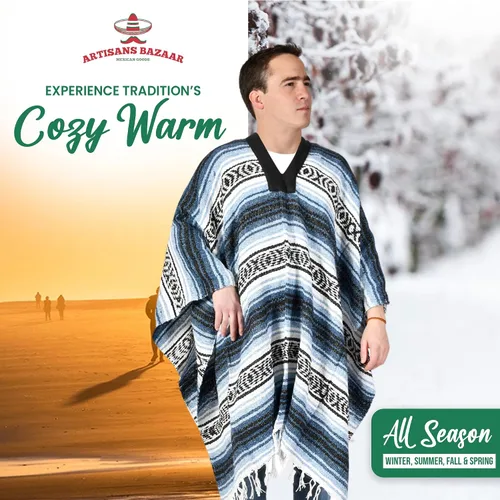 Vista 4 de Poncho mexicano Baja 100% cálido y cómodo abrigo de invierno Sarapes Mexicanos