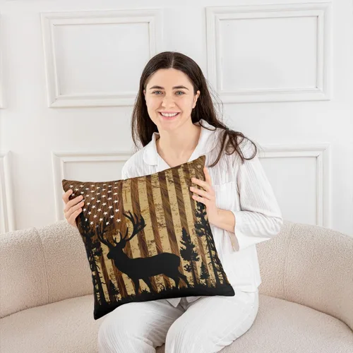 Vista 5 de Funda de almohada de piel de vaca, con bandera estadounidense, ciervos, cuernos de caza, para decoración del hogar, sala de estar, funda de cojín