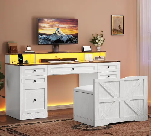 Vista 2 de YITAHOME Conjunto de Escritorio y Taburete para Computadora con 5 Cajones, Escritorio de Oficina con Tomas de Corriente y Luces LED, Escritorio