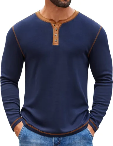 Vista 11 de COOFANDY - Camisetas Henley para hombre, manga larga, con botones, estilo casual, de pullover, suaves, elásticas, tops de camiseta