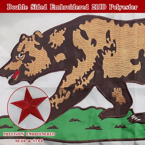 Vista 3 de Bandera de California 3x5 pies para exterior, de doble cara, resistente, tela de poliéster 210D, con oso y estrella bordados y 4 hileras de costura