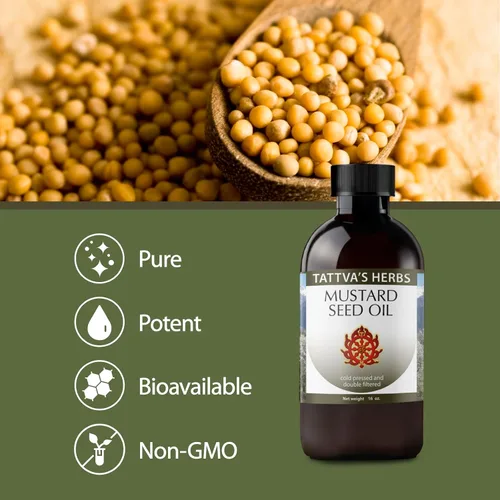 Vista 6 de Aceite de semillas de mostaza Tattva's Herbs para el cabello, cocina, piel y masaje, prensado en frío sin refinar, calma las articulaciones