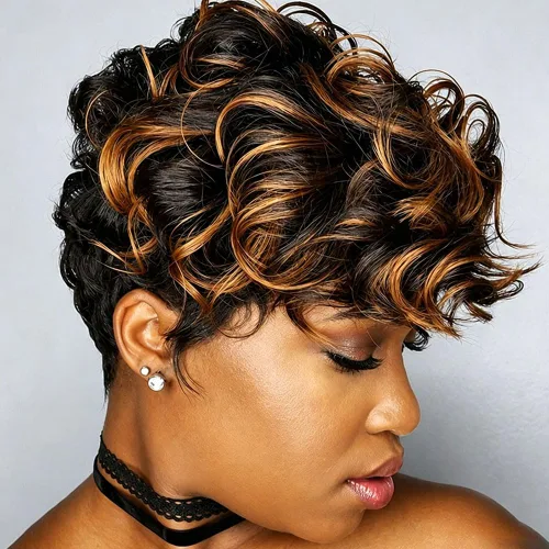 Vista 15 de MOONSHOW - Pelucas cortas de corte Pixie para mujeres negras, peluca de corte Pixie marrón Short Pixie Wigs for Black Women Natural Layered Short