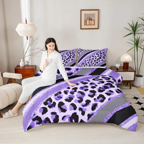 Vista 11 de Juego de edredón con estampado de leopardo para niños, tamaño individual, juego de ropa de cama de moda de piel de guepardo abstracto, decoración
