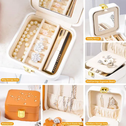 Vista 4 de Direllux Caja organizadora de joyas de viaje de piel sintética, organizador pequeño de joyería de moda con espejo, mini estuche de almacenamiento