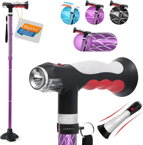 Vista 10 de BigAlex Bastón plegable con dos luces LED para ancianos, base sólida, bastón ajustable con bolsa de transporte para hombres y mujeres Negro