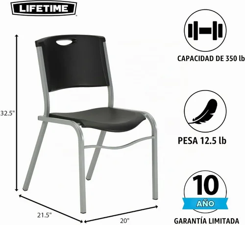Vista 2 de Lifetime 42830 - Silla apilable, color negro con marco de acero plateado, paquete de 4