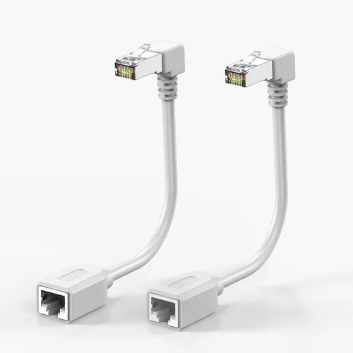 Vista 13 de Paquete de 2 cables de extensión Ethernet Cat 7 de 6 pulgadas, 10Gbps 90 grados en ángulo descendente RJ45 macho a hembra, cable de conexión LAN