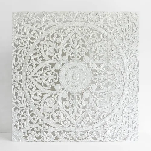 Vista 3 de Cabecero de cama King tallado en madera, mandala en paneles de pared, decoración de placas de residencia de lujo, 76 pulgadas