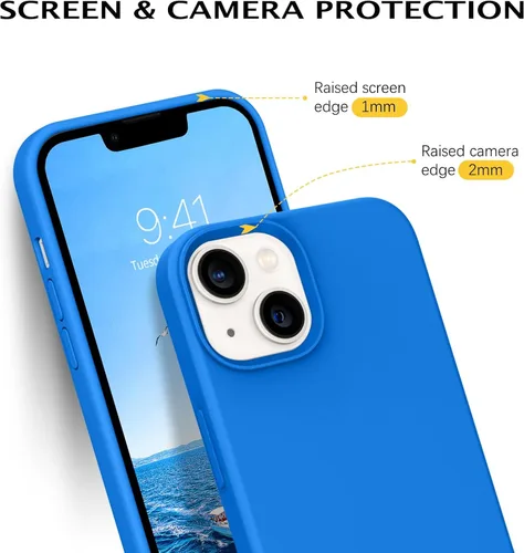 Vista 2 de Telaso Funda para iPhone 14, funda de goma de gel de silicona líquida suave, delgada y fina con forro de microfibra, Azul Klein