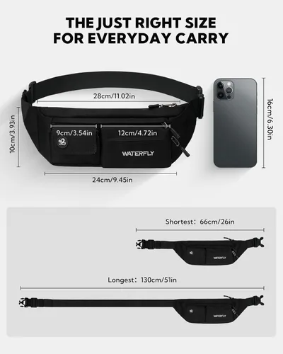 Vista 4 de WATERFLY - Riñonera pequeña con correa para el hombro: bolsa delgada y ligera con 5 bolsillos para la cintura y la cadera, para mujeres y hombres