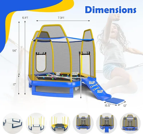 Vista 7 de GYMAX Trampolín para niños, cama elástica de 7 pies aprobada por ASTM con tobogán, escalera, pelotas y tapetes oceánicos, trampolín recreativo