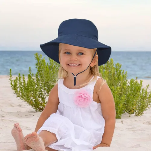 Vista 3 de Sombrero de sol para bebé de verano UPF 50+, sombrero de pescador de ala ancha, sombreros de playa para bebés niños y niñas de 0 a 6 años