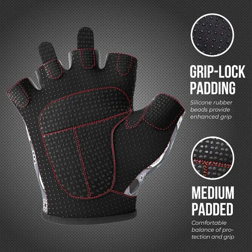 Vista 3 de Contraband Pink Label 5237 – Guantes de levantamiento de pesas con calavera, para mujer, Serie Design (1 par), Gris, M