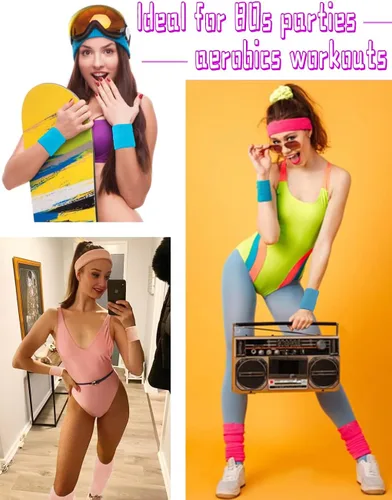 Vista 3 de v28 Conjunto de calentador de piernas de neón para mujer, muñequeras para correr, fiestas, deportes, fitness