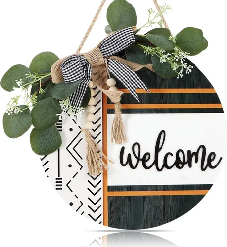 Vista 9 de CHDITB Corona de Letrero de Puerta Frontal Boho Bless This Home (12"x12"), Decoración de Bienvenida 3D de Madera para Colgar en la Pared con Hojas