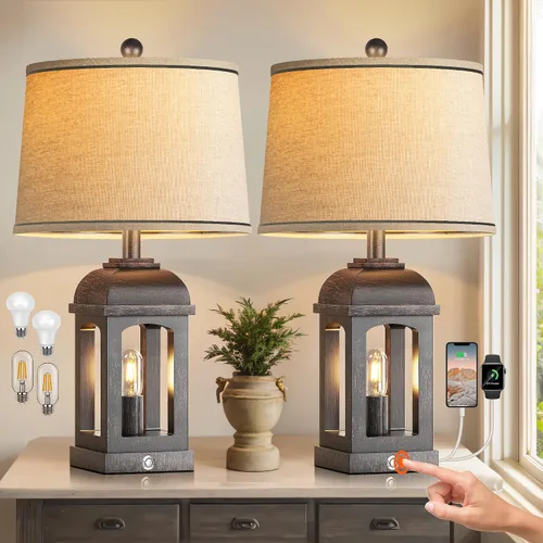 Vista 11 de QiMH Lámpara de mesa para sala de estar, lámparas de granja con USB A+C y luz nocturna, lámparas de noche rústicas de 26" con control táctil