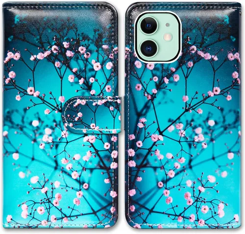 Vista 25 de Bcov - Funda para iPhone 13, funda tipo cartera de cuero verde con diseño de pájaro negro, funda con solapa y soporte con ranura para tarjetas