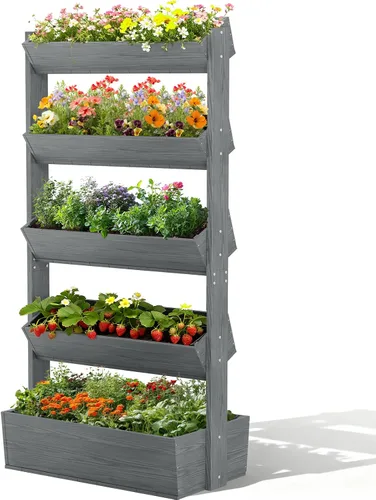 Vista 11 de DoCred Cama de jardín vertical elevada de madera, 4 niveles mejorados, soporte de madera independiente para plantas, hierbas, flores, verduras