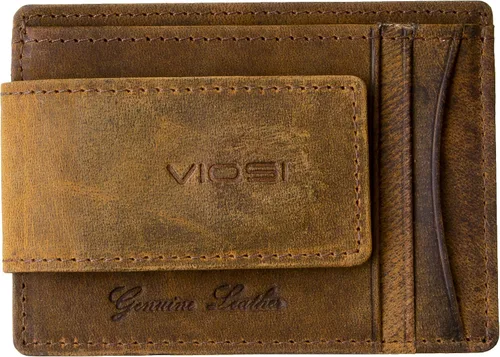 Vista 2 de Viosi Billetera delgada de cuero con clip para dinero para hombre, bolsillo frontal, bloqueo RFID, tarjetero con imanes de tierras raras, Rústico
