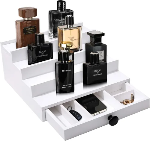 Vista 3 de 4 Tier White Cologne Organizer, Wooden Display Stand with Drawer Storage Blanco-4 niveles