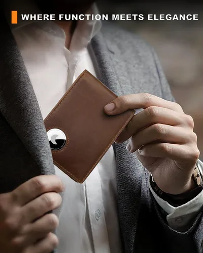 Vista 7 de Billetera AirTag para hombre, de piel auténtica plegable con bloqueo Rfid AirTag con ranuras para efectivo y ventana de identificación, compatible