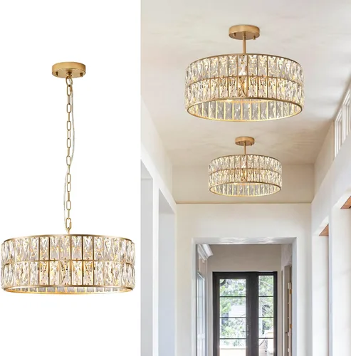 Vista 17 de CATINER Candelabros pequeños de cristal dorado, candelabro moderno de montaje semiempotrado con 4 luces de tambor de cristal, accesorio de luz