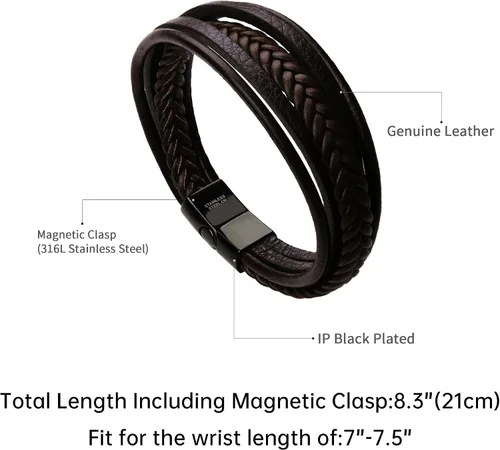 Vista 2 de murtoo Pulsera de cuero para hombre con cierre de piel de vaca multicapa trenzada pulsera para hombre