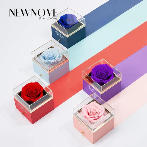 Vista 5 de NEWNOVE Rosa real preservada en color azul claro con collar de ángel, regalos de aniversario y cumpleaños para mujeres, esposa, novia, mamá, ideas