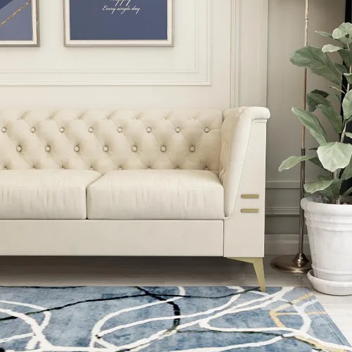 Vista 3 de Sofá de terciopelo beige moderno Mid-Century con patas de metal dorado, sofás Chesterfield de 3 plazas para sala de estar, dormitorio, apartamento