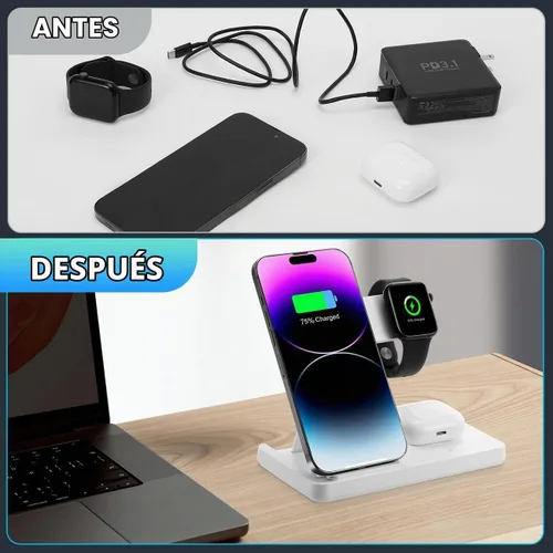 Vista 6 de Cargador inalámbrico, estación de carga 3 en 1 para múltiples dispositivos, soporte de carga para iPhone serie 8-16, Apple Watch, AirPods Pro 3 2