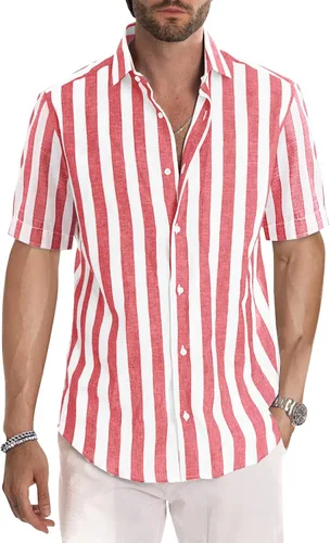 Vista 19 de JMIERR Camisa de vestir a rayas de algodón con botones y manga corta para hombre 1 raya azul cielo