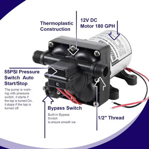 Vista 4 de WASSERMANN RV Water Pump 12 Volt DC 3.0GPM 55PSI Replacement For 4008-101-A65 Water Pump Self Priming Diaphragm Pump with Pressure Switch for RV