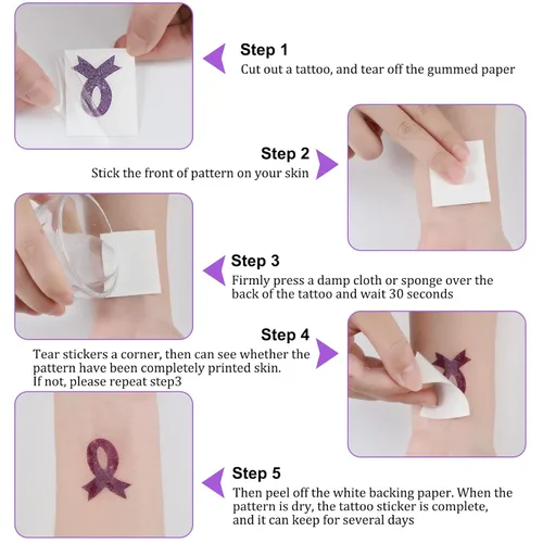 Vista 3 de 20 hojas de 240 piezas de cinta morada con brillantina, tatuajes de concienciación sobre violencia doméstica, tatuajes temporales, lupus