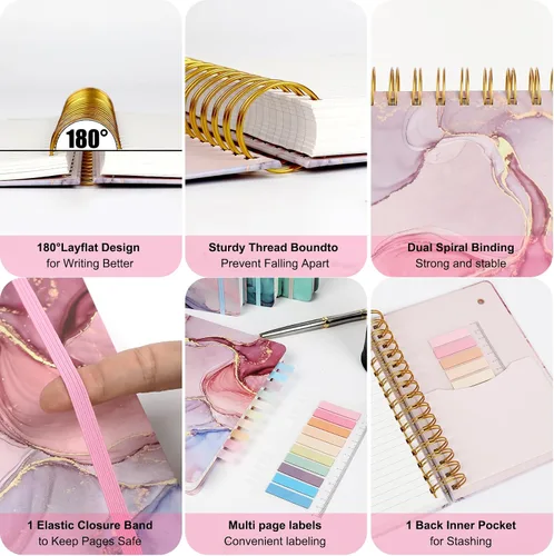 Vista 2 de Ddaowanx Cuaderno de espiral de tapa dura, diario de rayas universitarias, 6 x 8.5 pulgadas, 320 páginas grandes a rayas para mujeres y hombres