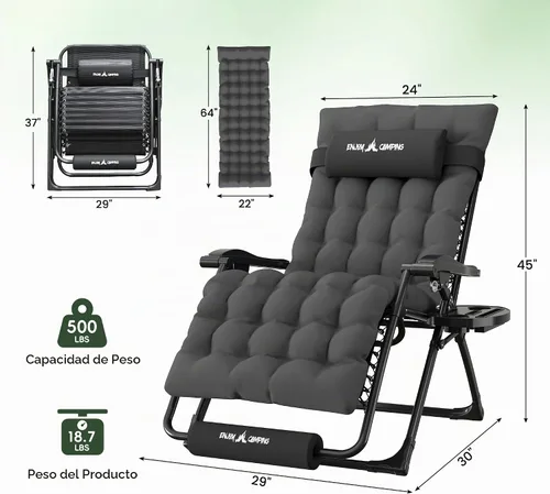 Vista 3 de Silla de gravedad cero de gran tamaño, plegable, reclinable, acolchada Gris oscuro y negro XL