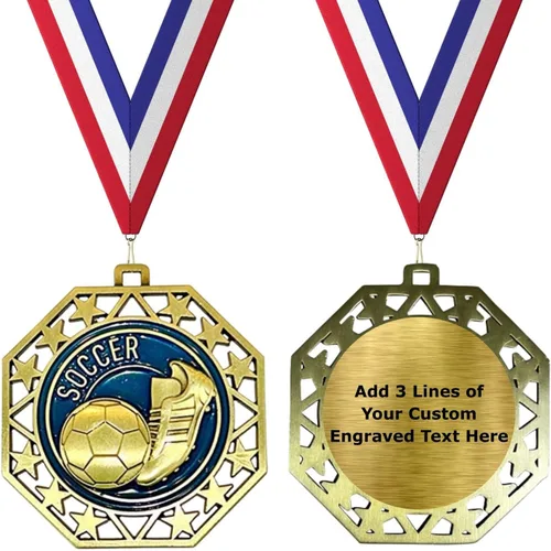 Vista 5 de Medallas Express Pack de 10 (o más) Medallas de Oro EMDC con o sin personalización de grabado opcional Soccer