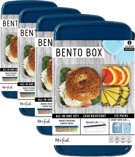 Vista 7 de Fit & Fresh Lonchera Bento para adultos y niños, incluye 2 paquetes de hielo delgados con clip, reutilizable, resistente a fugas y apilable