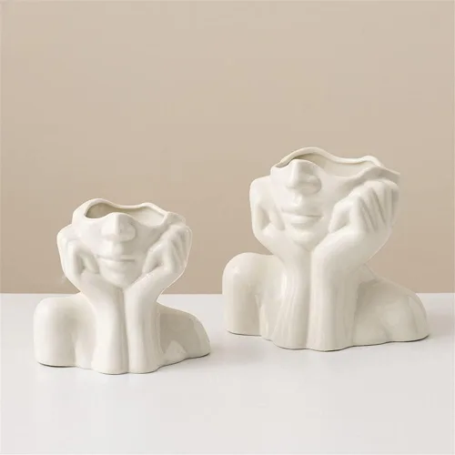 Vista 6 de Jarrón grande de cerámica, jarrones de flores blancas para decoración de forma femenina, jarrón de medio cuerpo, bohemio, único, decorativo