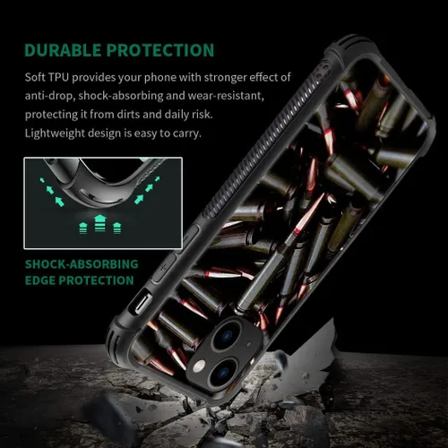 Vista 3 de ZHEGAILIAN Funda compatible con iPhone 14, funda de munición AK 47, parte trasera de vidrio templado+funda protectora de TPU de silicona suave
