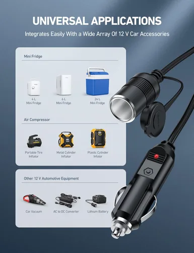 Vista 5 de AstroAI - Cable para encendedor de cigarrillos de 12 pies/12 V, enchufe macho a hembra de 120 W/15 A Cable de extensión resistente, compatible