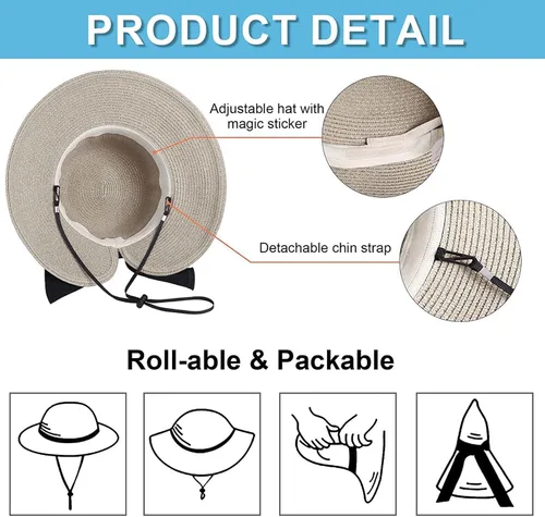 Vista 5 de YOLAI Sombreros de playa para mujer de ala ancha para el sol/sombrero UPF 50+ protector solar sombrero de verano para mujer Beige