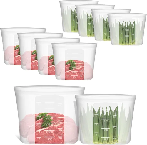 Vista 18 de Bolsas de Alimentos Reutilizables, Paquete de 12 Bolsas de Almacenamiento de Alimentos 100% Silicona que se Mantienen de Pie con Cierre Hermético