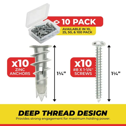 Vista 6 de Kit de anclaje de yeso de zinc autoperforante Qualihome con tornillos - Anclajes de yeso para pared hueca autoperforantes de metal con aletas
