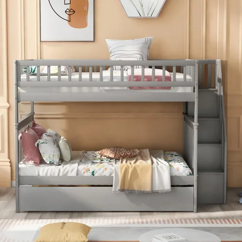 Vista 11 de Literas para niños con escalera, literas de madera maciza con barandilla completa Gris