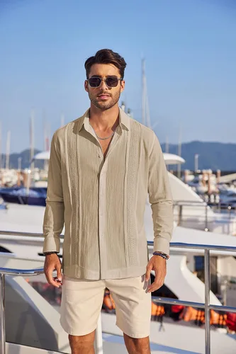 Vista 2 de COOFANDY Camisas de guayabera cubana para hombre, de manga larga, informal, con botones, de algodón, para la playa