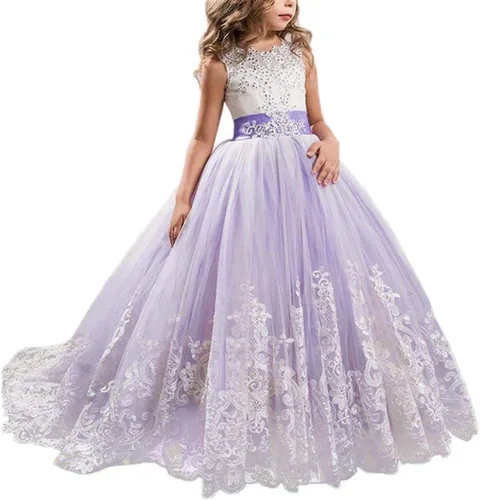 Vista 10 de NNJXD - Vestido largo de princesa lila para niñas, con tul, ideal para bailes de graduación 406 Blanco