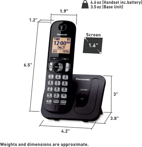 Vista 7 de Panasonic Teléfono inalámbrico, pantalla retroiluminada de 1.6", bloqueo de llamadas, altavoz, 10 horas de tiempo de conversación, 1 auricular