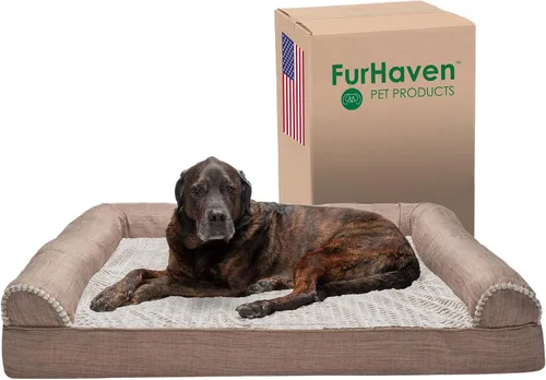 Vista 13 de Furhaven Cama para perro, de espuma viscoelástica, estilo sofá, Sherpa y chenilla, crema, M